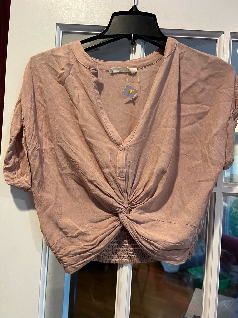 By Together Rose Taupe Twist-Front Smocked Crop Top